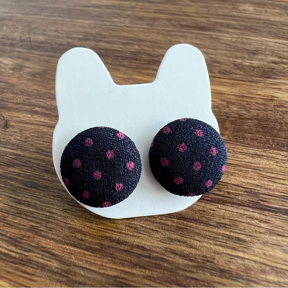 Purple & Black Polka Dot Button Earrings - Picture 2 of 5